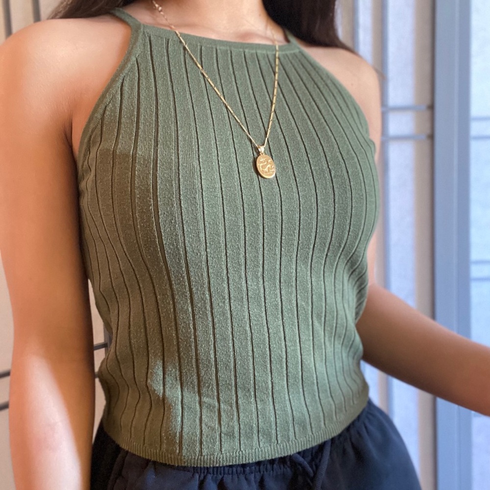 Army Green Ribbed Halter Top